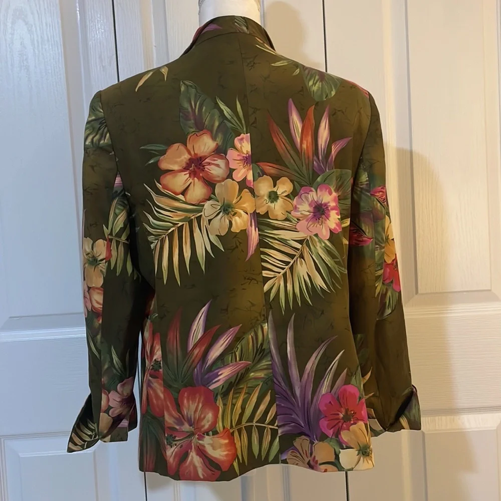 Peck & Peck Collection Women’s SZ 14 Floral Olive Open Front Silk Blend Blazer - Picture 5 of 13